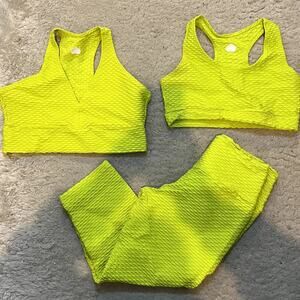Booty by Brabants Croco Leggings Bike Shorts And Bra Top Set Neon Yellow Large